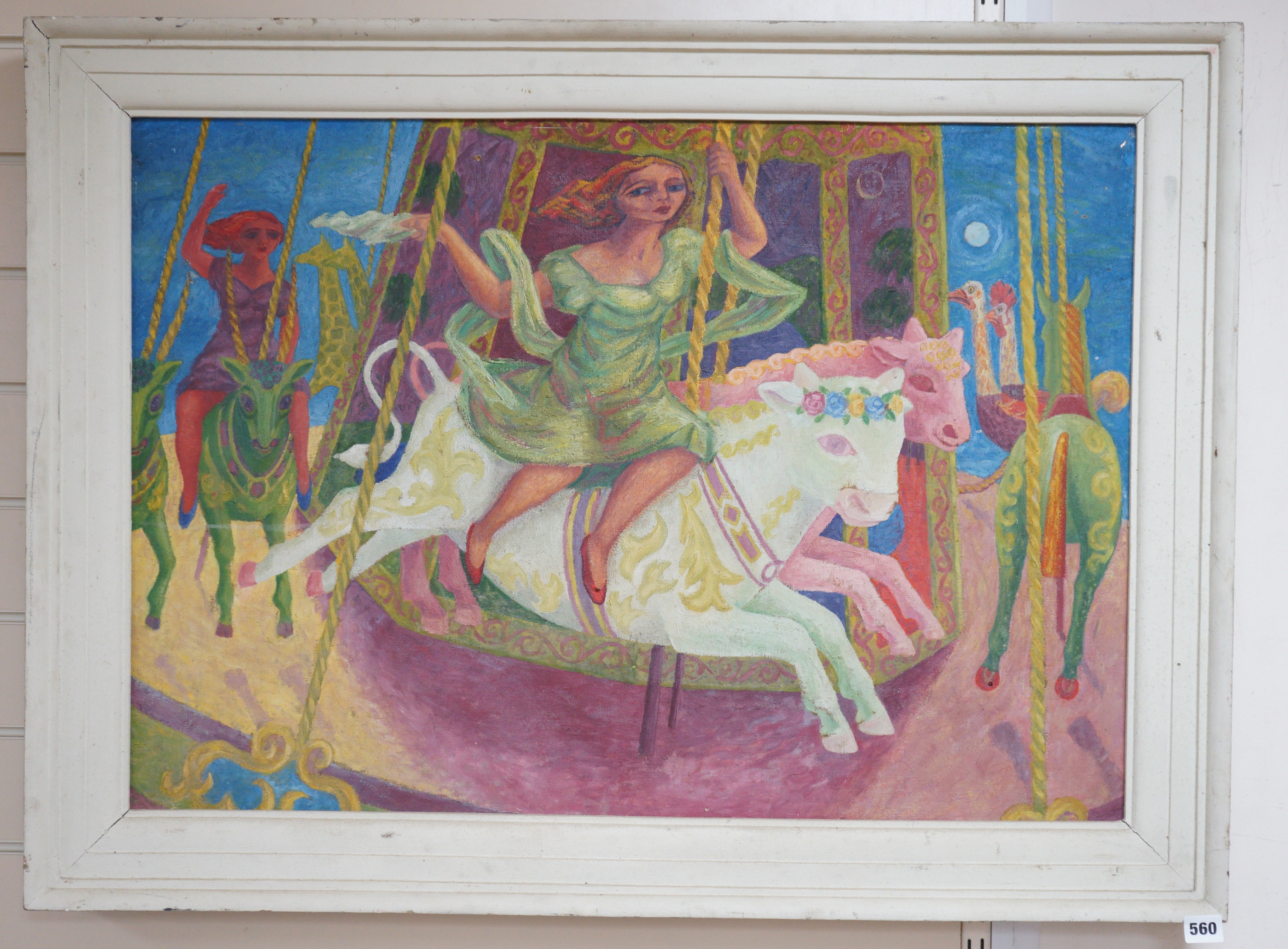 Modern British, oil, Woman riding a carousel, 59 x 84cm